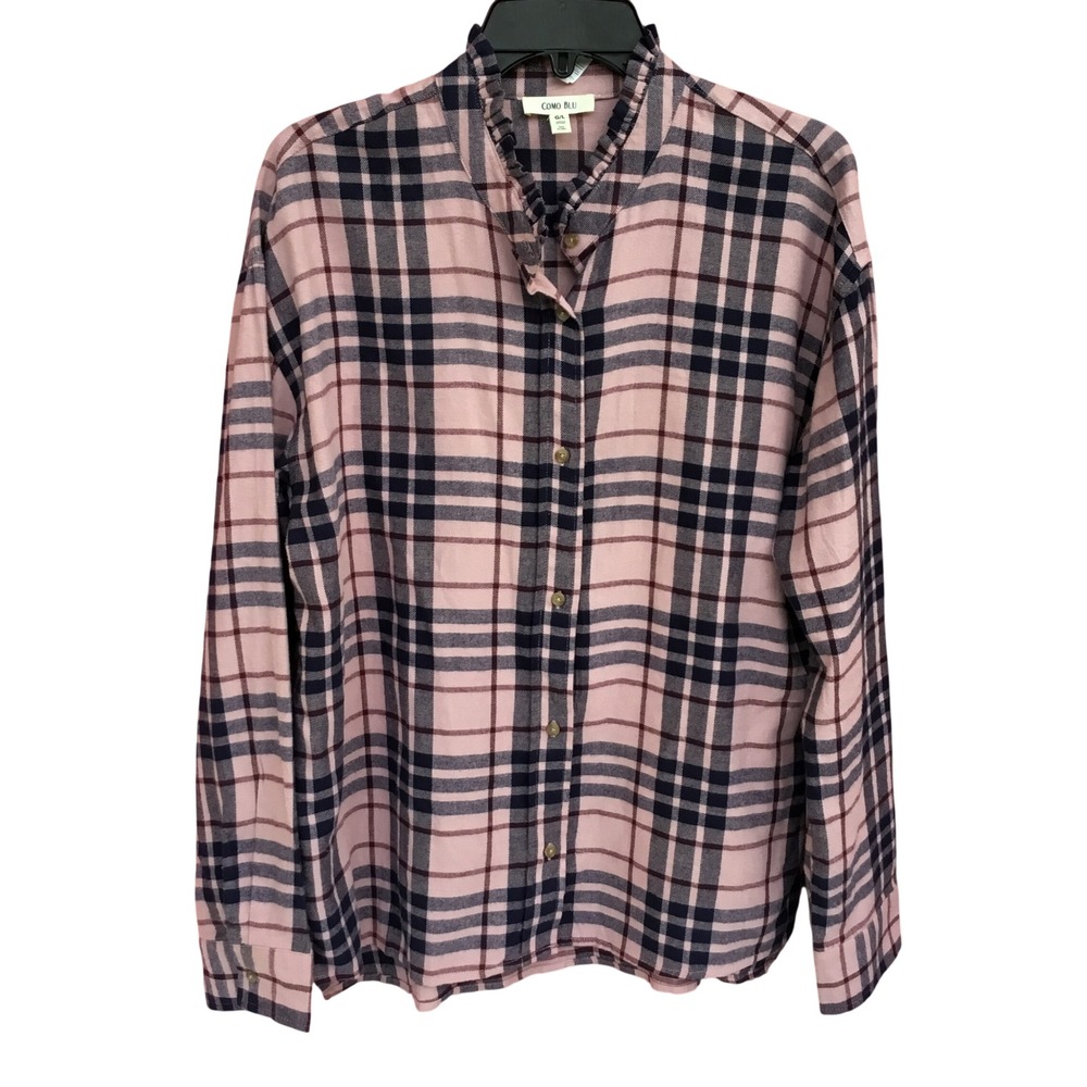 Como Blu Pink Navy Plaid Ruffle Collar Button Down Shirt Large Womensβ